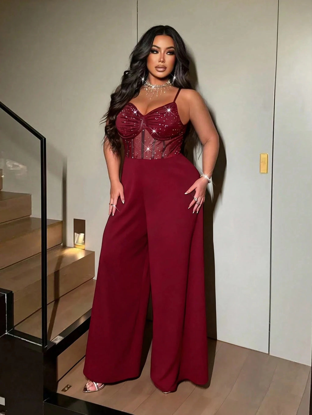 Plus-size women's sexy wide-leg jumpsuit, a stylish backless jumpsuit with shimmering