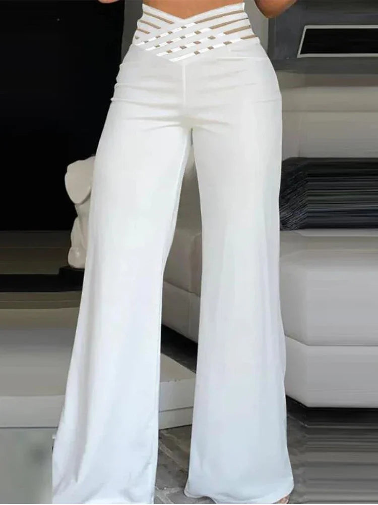 Oxford Elegant High Waist Flared Pants Office Casual Crisscross Sheer Mesh Trousers