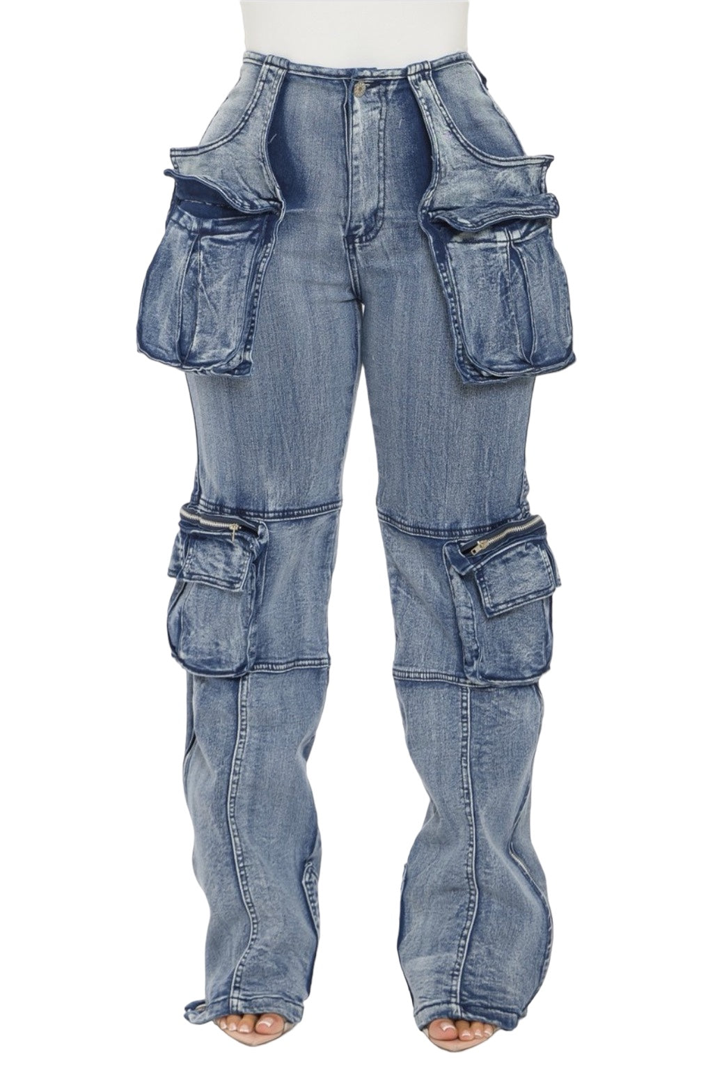 Acid Wash Cargo Denim Pants