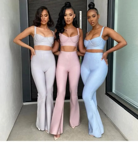 Wallingford Low cut Strap Bra High Waist Flare Two Piece Bandage Set