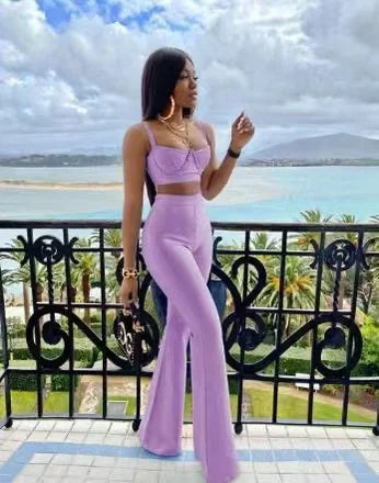 Wallingford Low cut Strap Bra High Waist Flare Two Piece Bandage Set