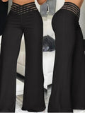 Oxford Elegant High Waist Flared Pants Office Casual Crisscross Sheer Mesh Trousers