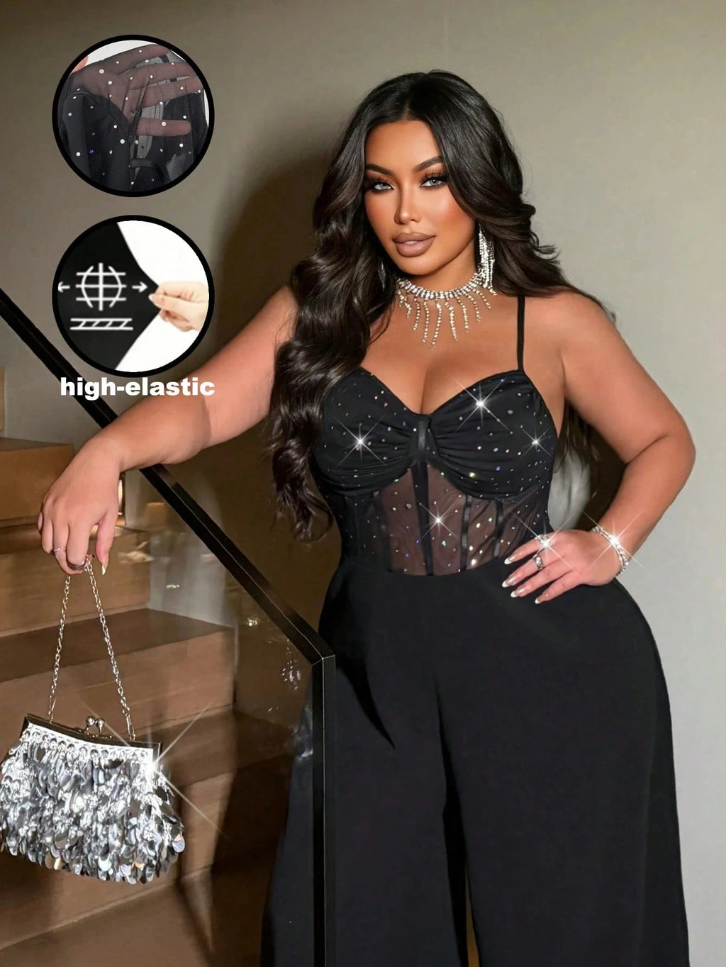 Plus-size women's sexy wide-leg jumpsuit, a stylish backless jumpsuit with shimmering