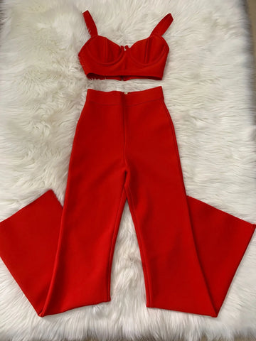 Wallingford Low cut Strap Bra High Waist Flare Two Piece Bandage Set