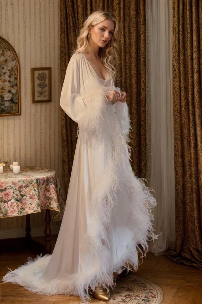Luxury Ostrich Feather Satin Bridal Robe – Holiday Photoshoot Gift
