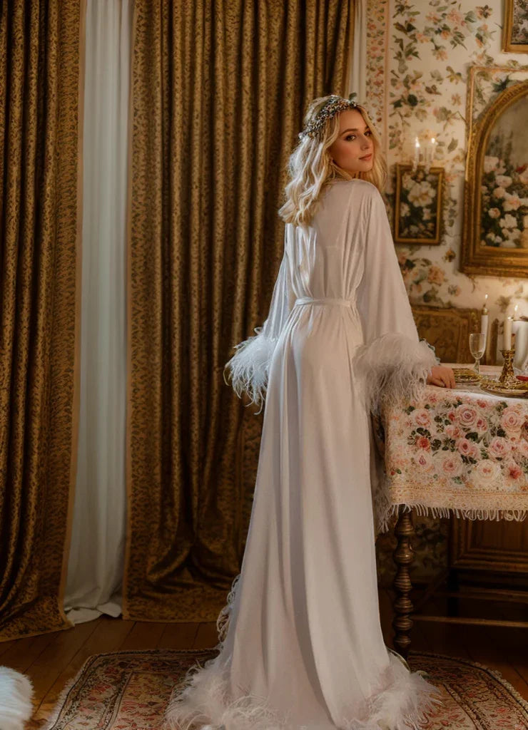 Luxury Ostrich Feather Satin Bridal Robe – Holiday Photoshoot Gift