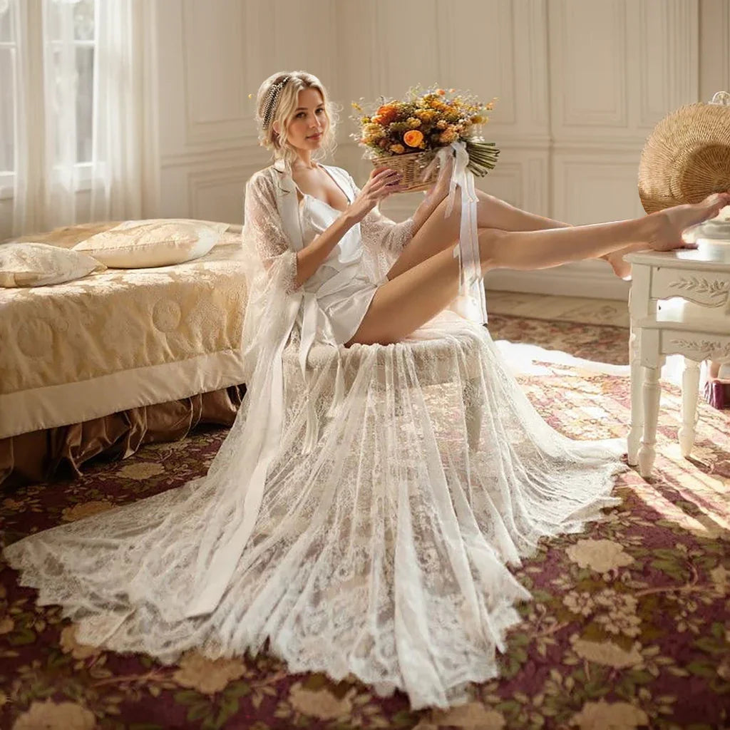 Chantilly Floral Lace Long Robe with Train - Next Day Shipping