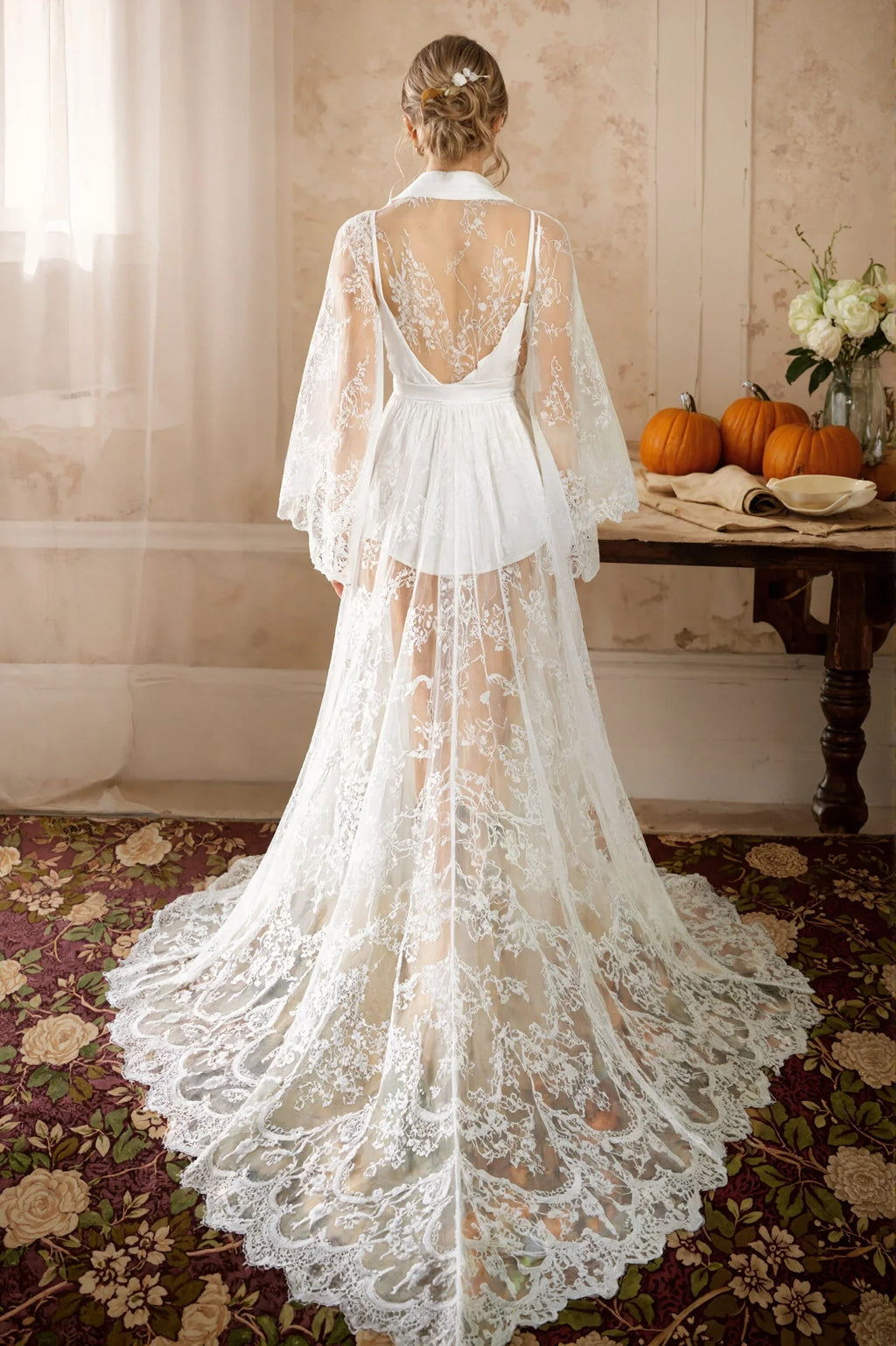 Chantilly Floral Lace Long Robe with Train - Next Day Shipping