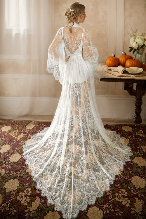 Chantilly Floral Lace Long Robe with Train - Next Day Shipping