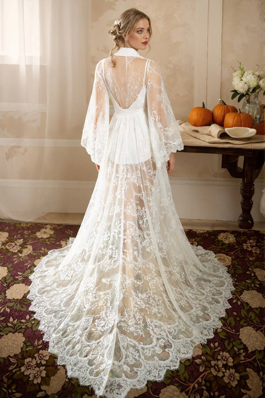 Chantilly Floral Lace Long Robe with Train - Next Day Shipping