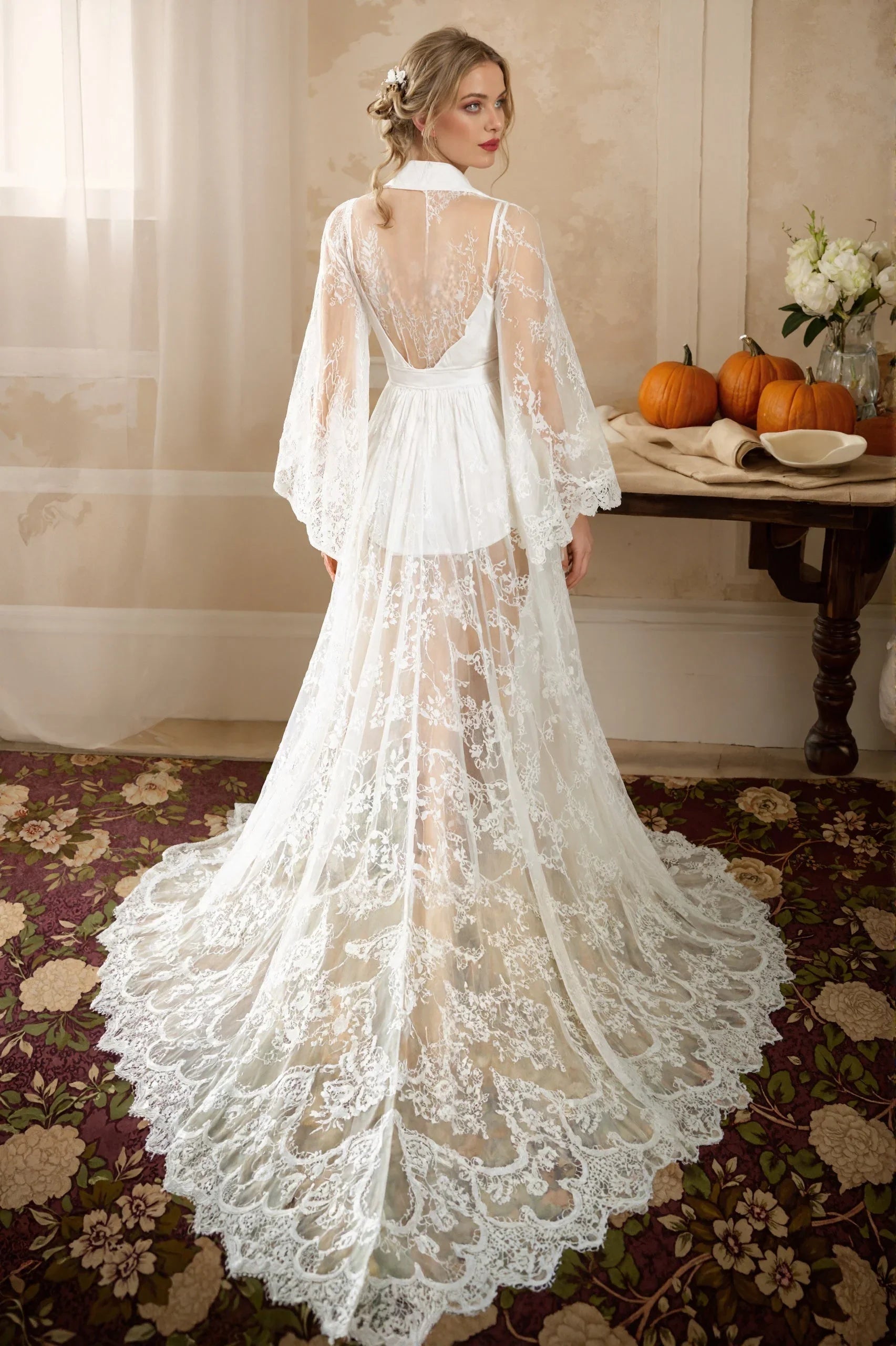 Chantilly Floral Lace Long Robe with Train - Next Day Shipping