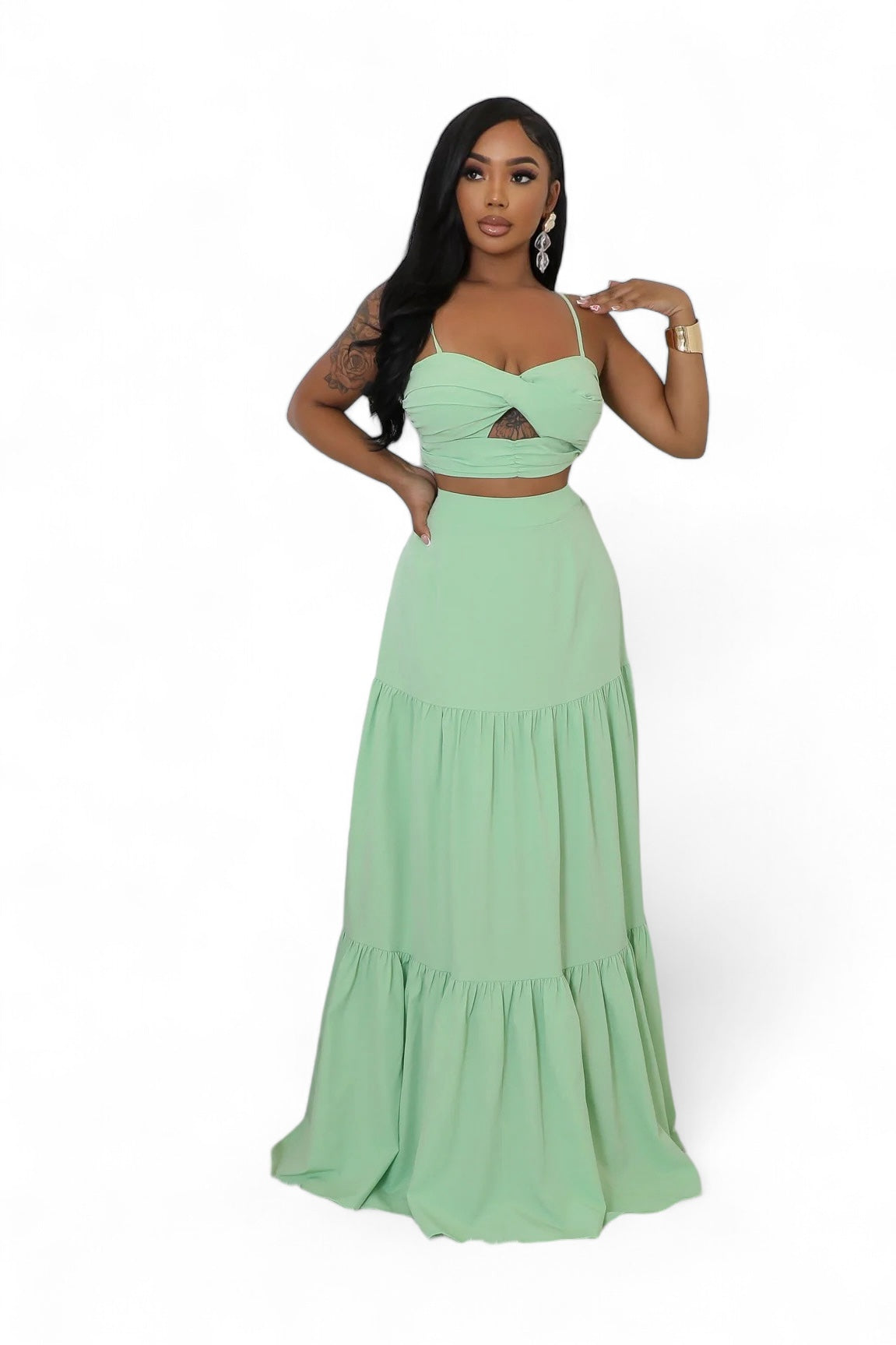 smocked Spaghetti Straps Flattering High Waisted Two Piece Long Set