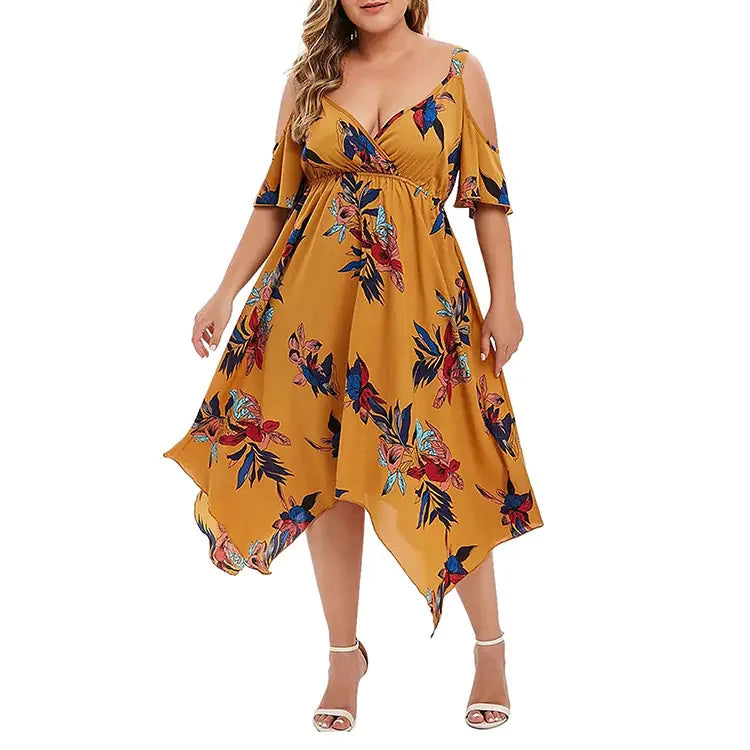 Stunning Floral Print Open Shoulder Midi Dress Plus Size