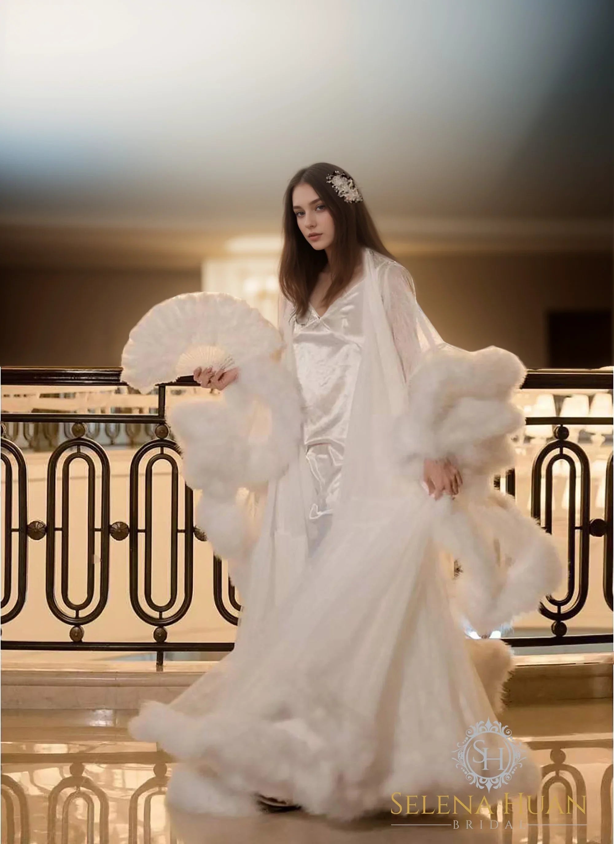 Luxury Thick Turkey Feather Fringe Long Bridal Robe with Night Gown