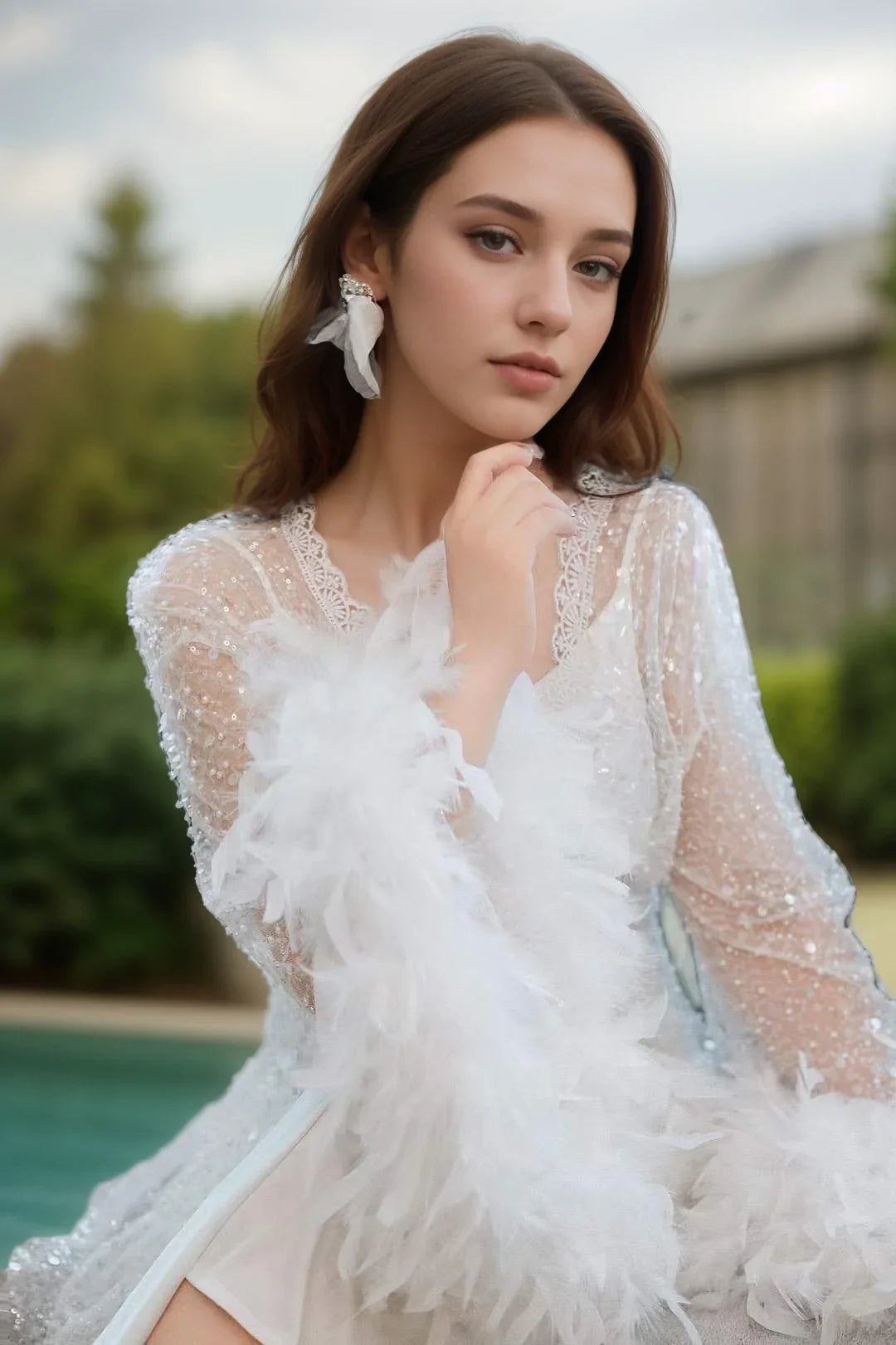 Full Goose Feather Sequin Mesh Long Robe White Ivory