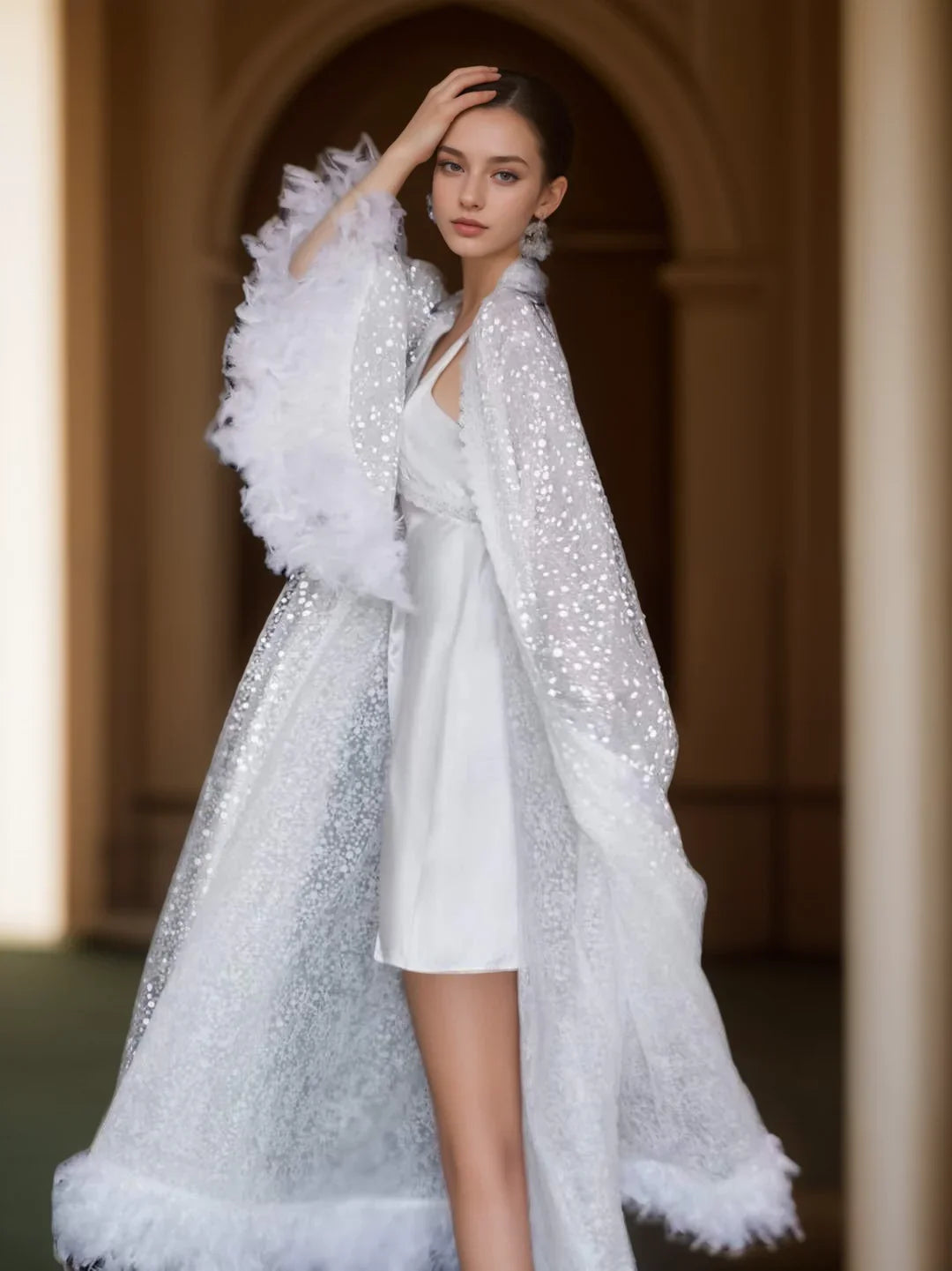 Full Goose Feather Sequin Mesh Long Robe White Ivory