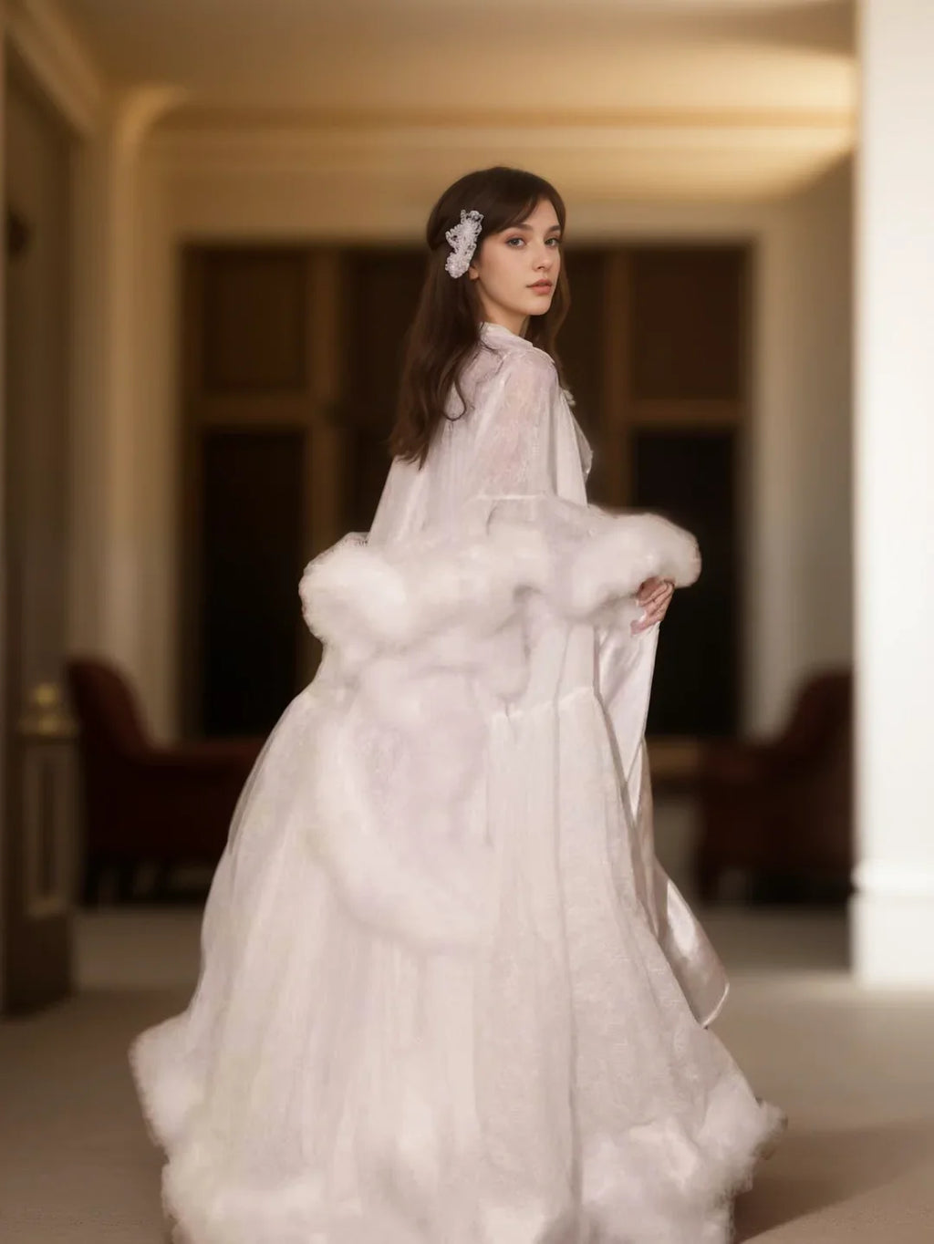 Luxury Thick Turkey Feather Fringe Long Bridal Robe with Night Gown