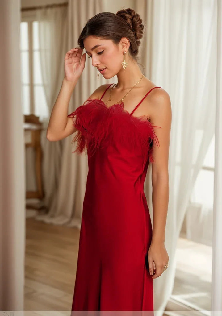Luxury Ostrich Feather Silky Satin Long Nightgown Robe