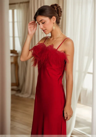 Luxury Ostrich Feather Silky Satin Long Nightgown Robe