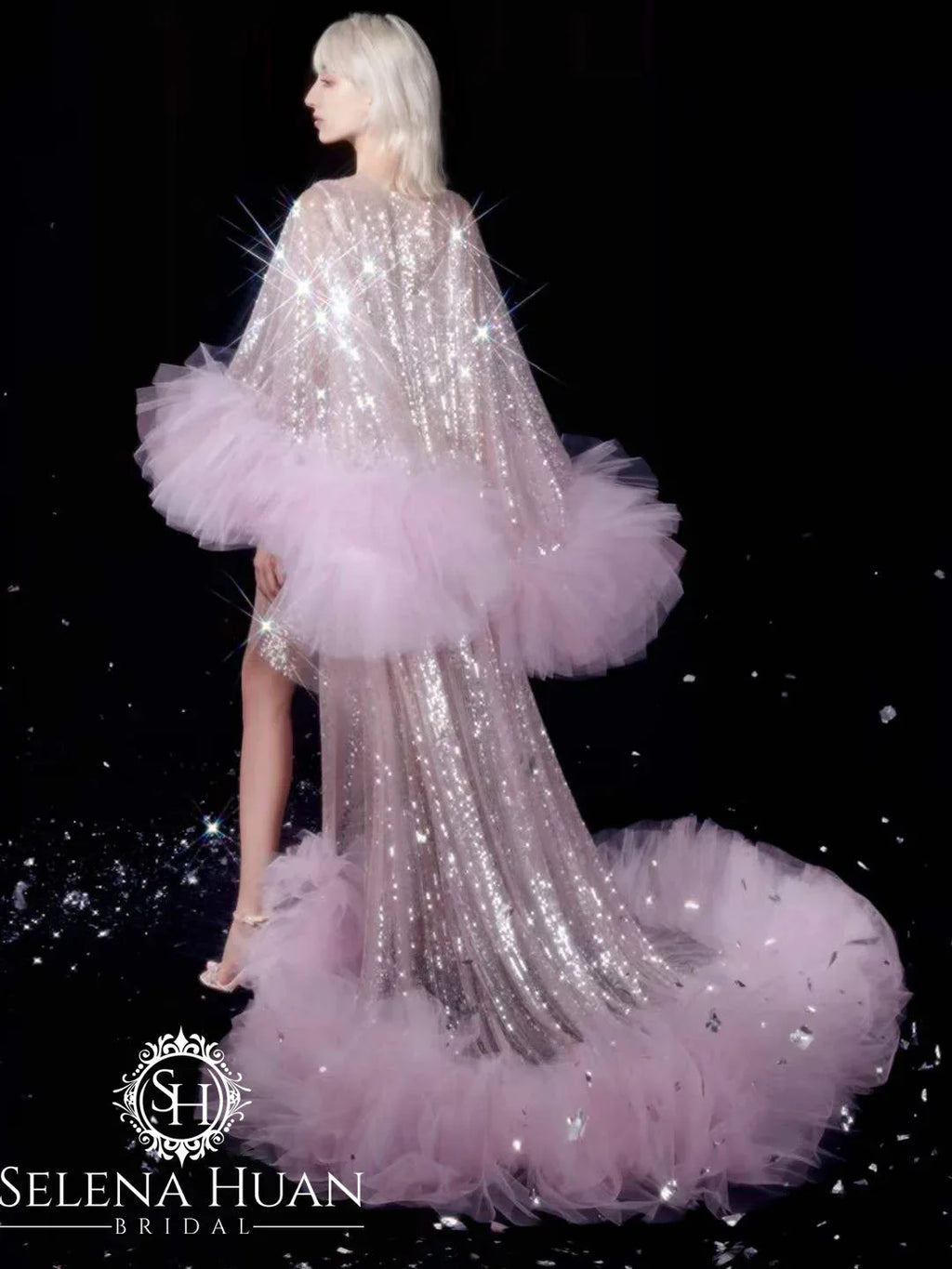 Ruffled Tulle Fringe Hem Sequin Mesh Long Robe with Sequin Nightgown Pink Ivory