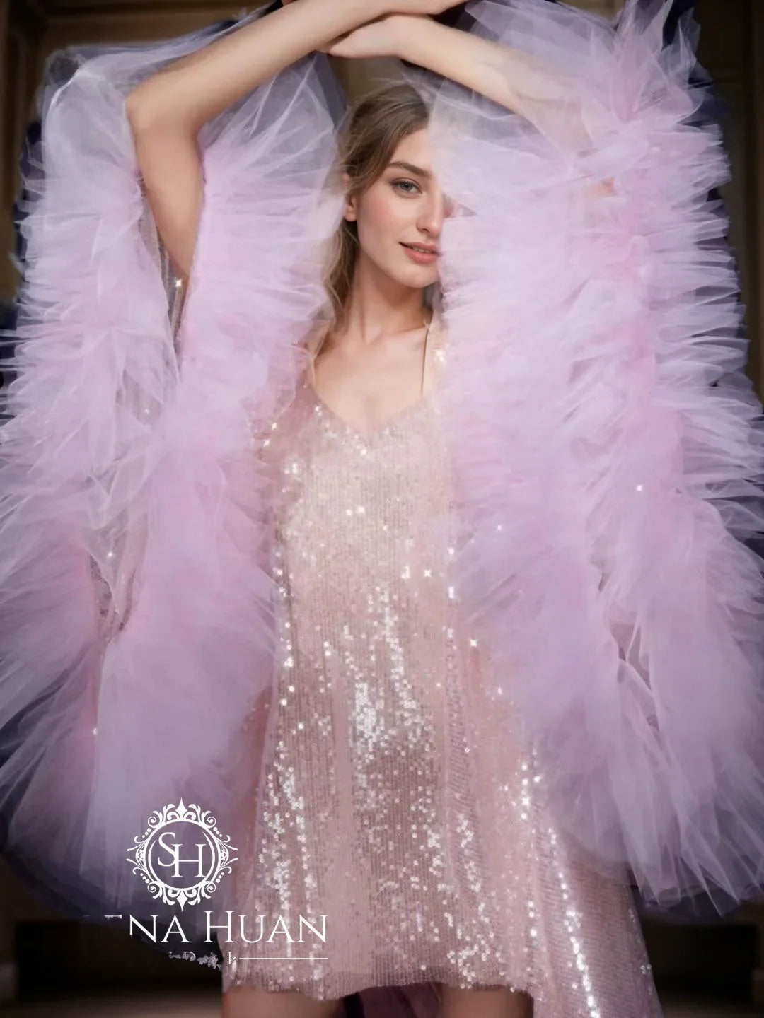 Ruffled Tulle Fringe Hem Sequin Mesh Long Robe with Sequin Nightgown Pink Ivory