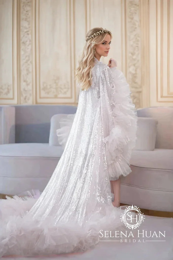 Ruffled Tulle Fringe Hem Sequin Mesh Long Robe with Sequin Nightgown Pink Ivory