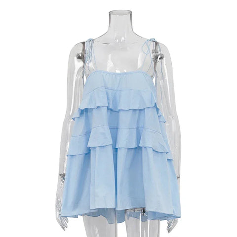 Union Solid Color Cotton Spaghetti Strap Slip Layered Ruffle Dress