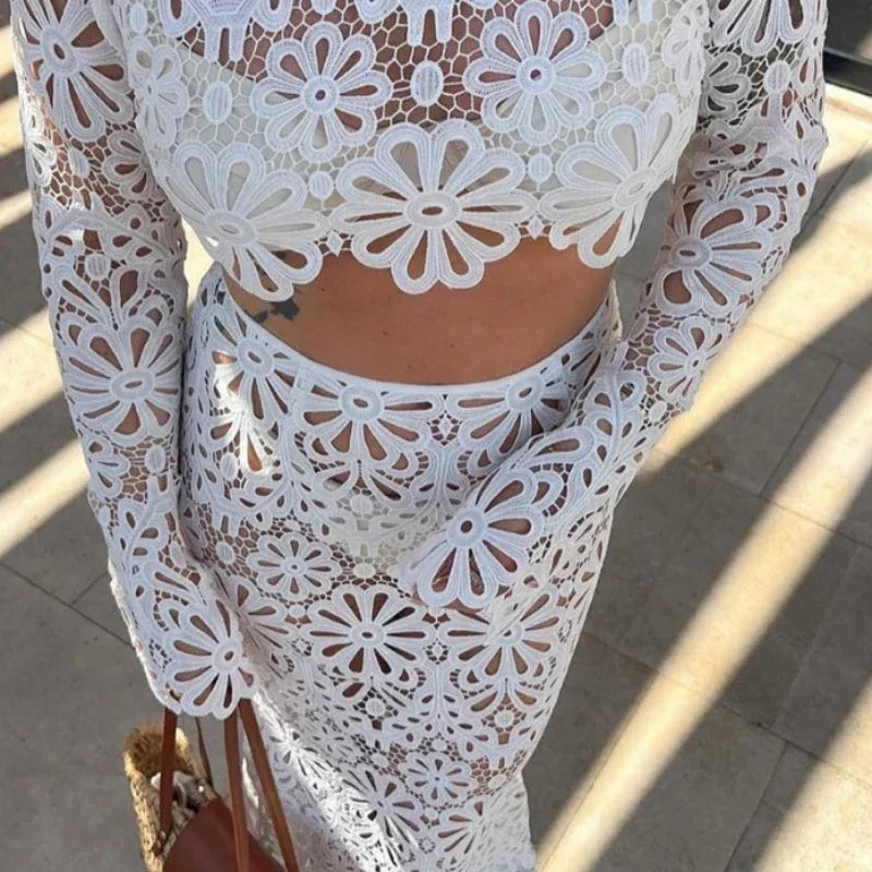 Samara Sexy Hollow Solid Casual Two Piece Set