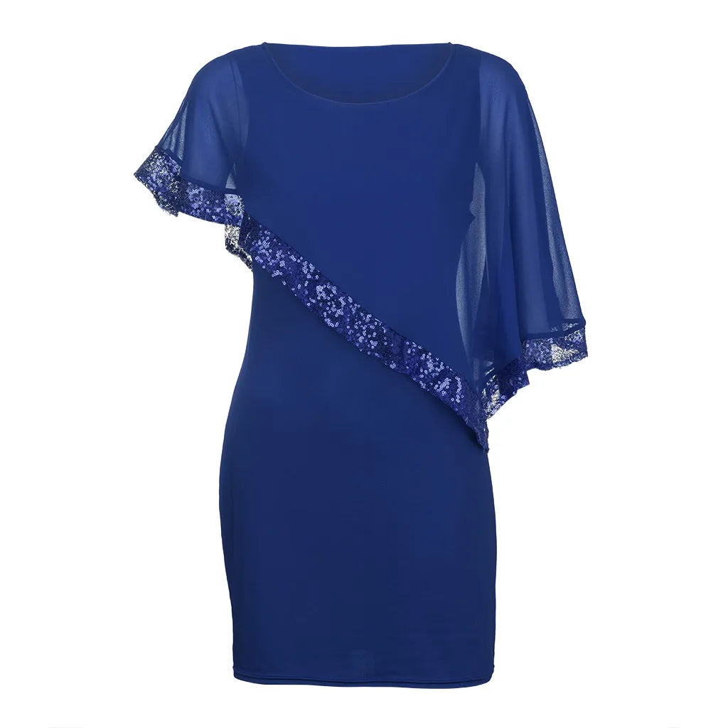 Carolina Plus Size Sexy Cold Shoulder Overlay Asymmetric Chiffon Strapless Sequins Dress