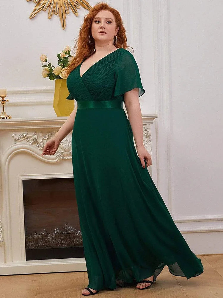 Detroit Plus Size Evening Long Elegant A Line V Neck Ruffles Chiffon Formal Dress