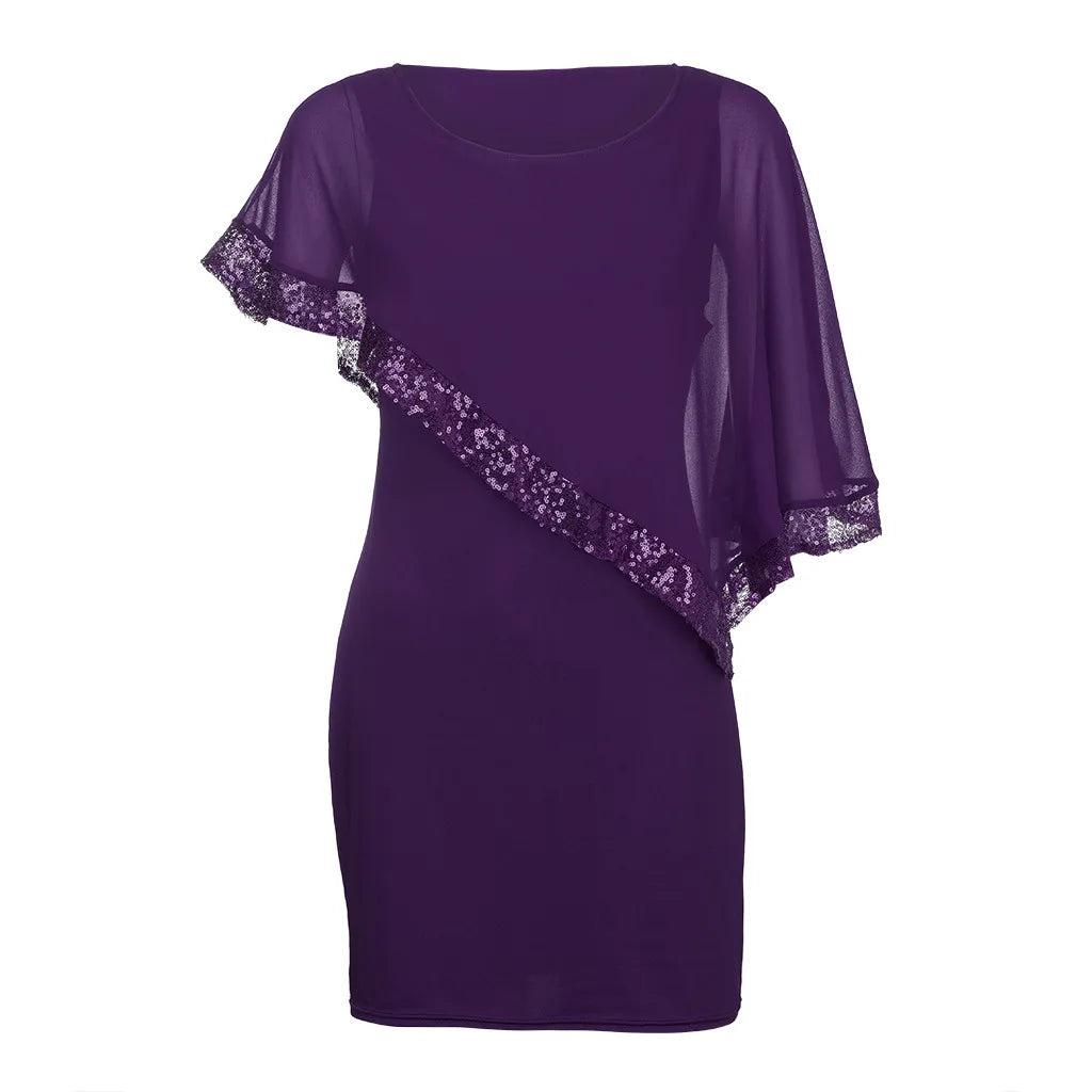 Carolina Plus Size Sexy Cold Shoulder Overlay Asymmetric Chiffon Strapless Sequins Dress