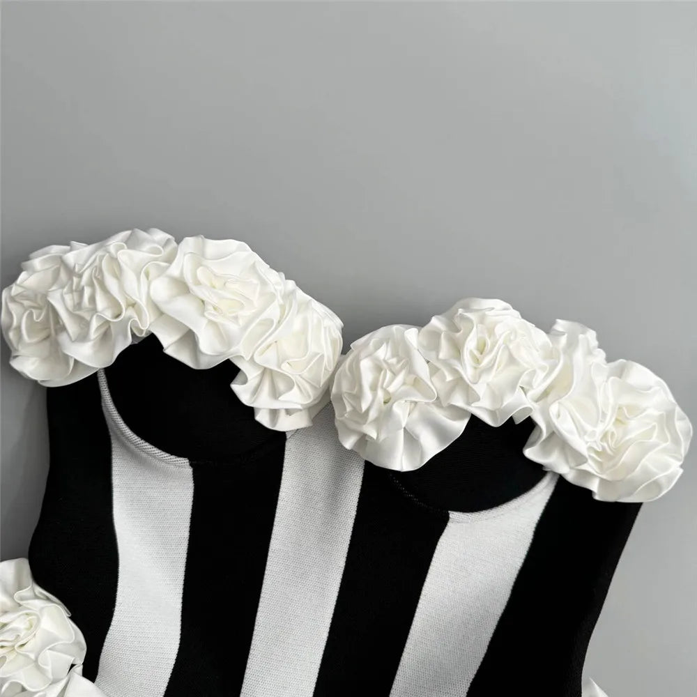 New Square 3D Flowers Sexy Stripe Strapless Bandage Club Party Elegant Mini Dress