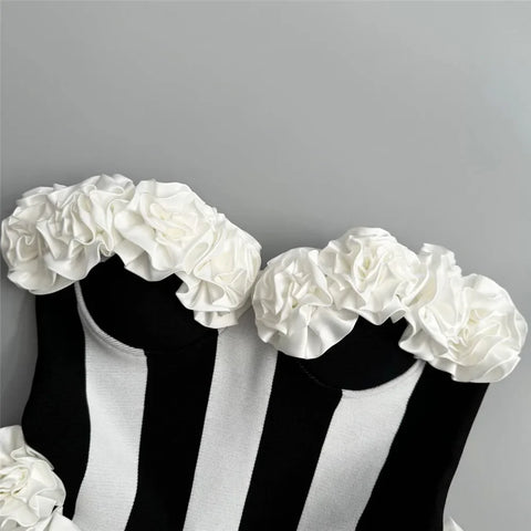 New Square 3D Flowers Sexy Stripe Strapless Bandage Club Party Elegant Mini Dress