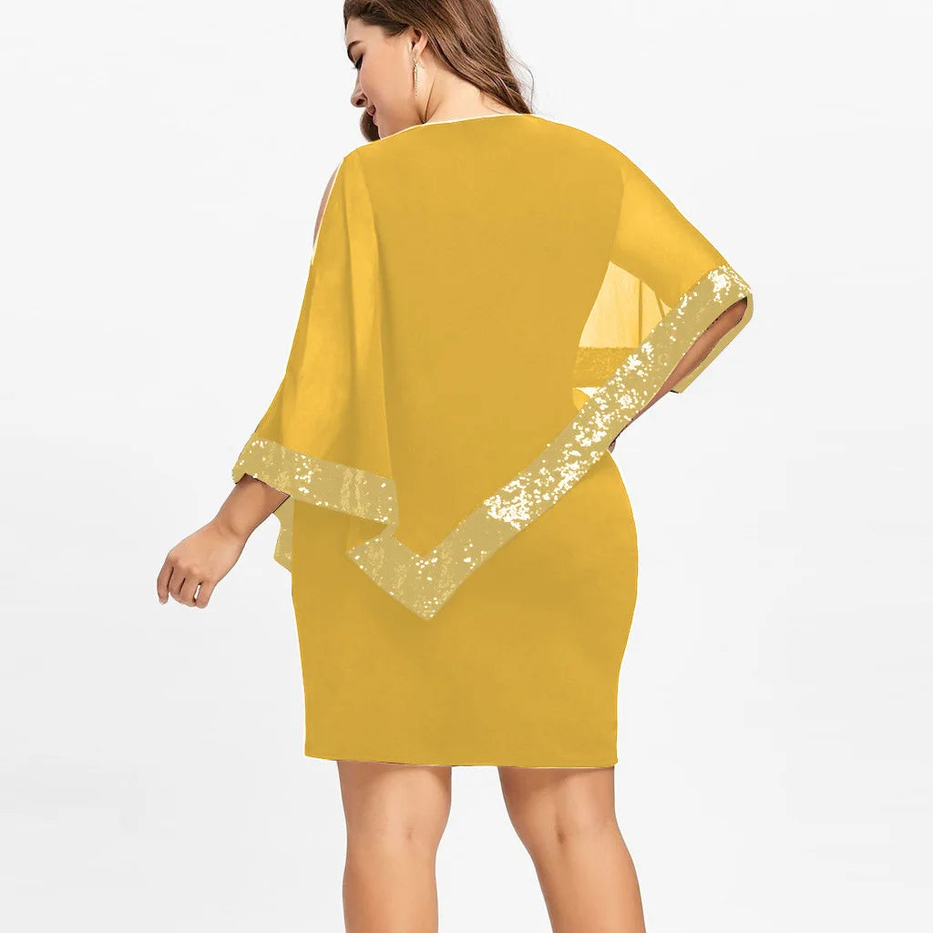 Carolina Plus Size Sexy Cold Shoulder Overlay Asymmetric Chiffon Strapless Sequins Dress