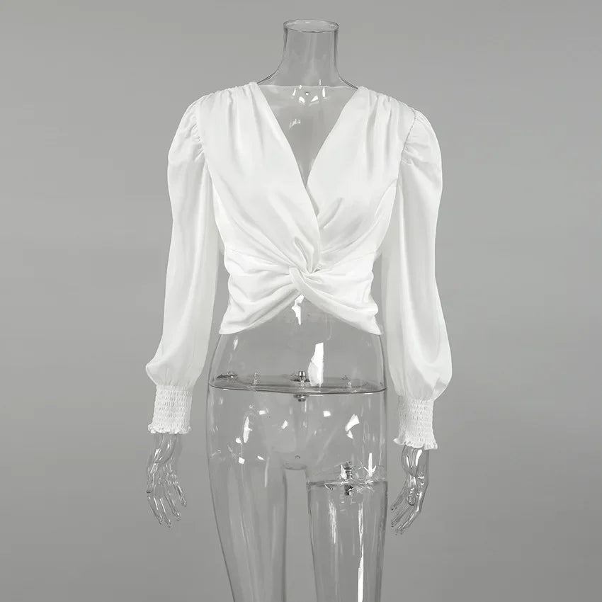 Swainton Long Sleeve Twist Front Casual V Neck Tops Elegant Satin White Blouse