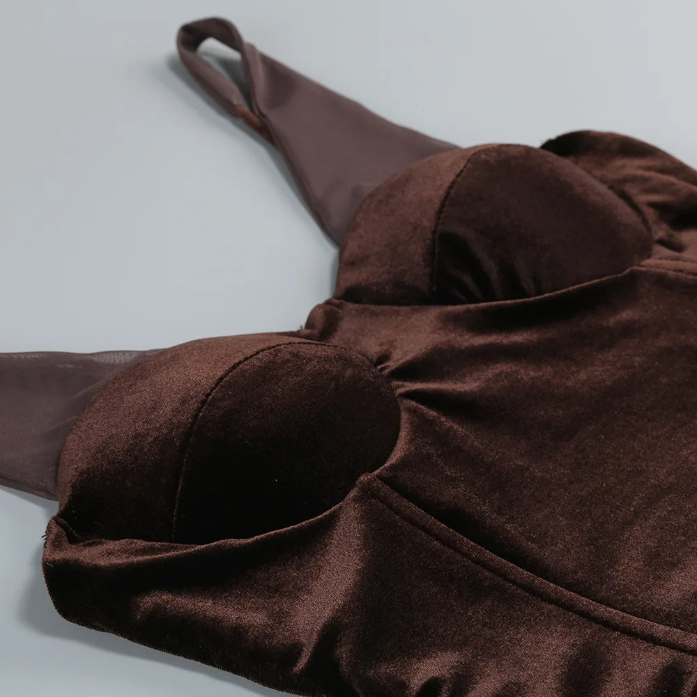 Doodletown Elegant Evening Party Gowns Mesh Straps Velvet Patchwork Long Maxi Dress