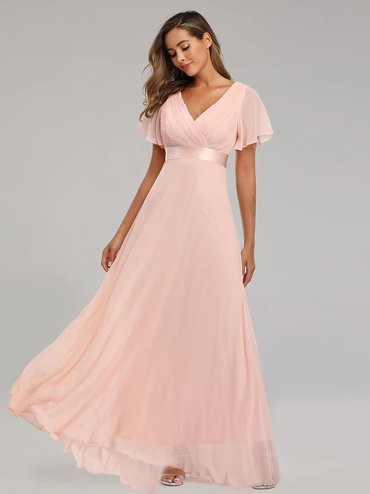 Kerney Elegant V Neck Ruffles Chiffon Formal Evening Gown Dress
