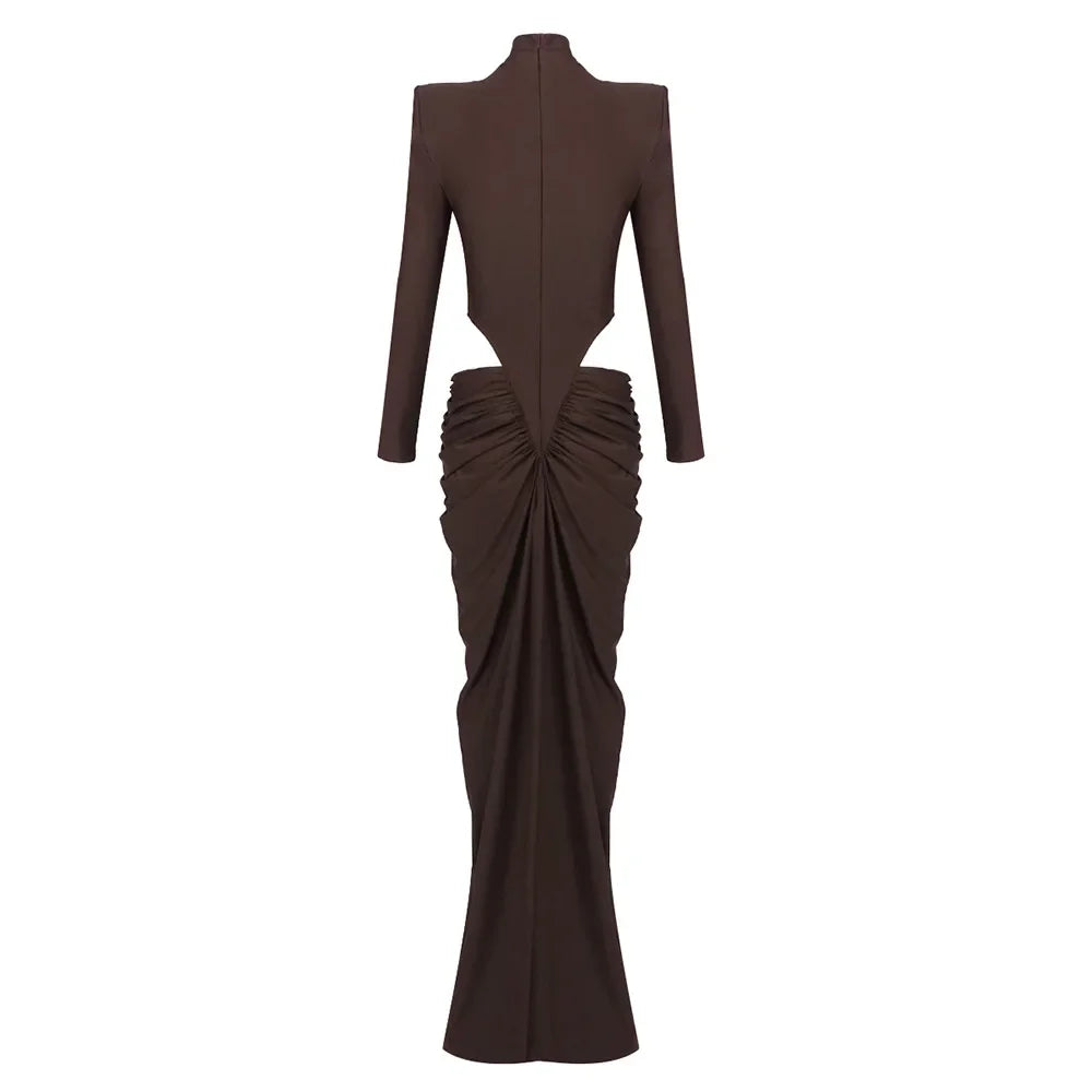 Conowingo Luxury Dark Brown High-Neck Padded Shoulder with Cutout Maxi Dress