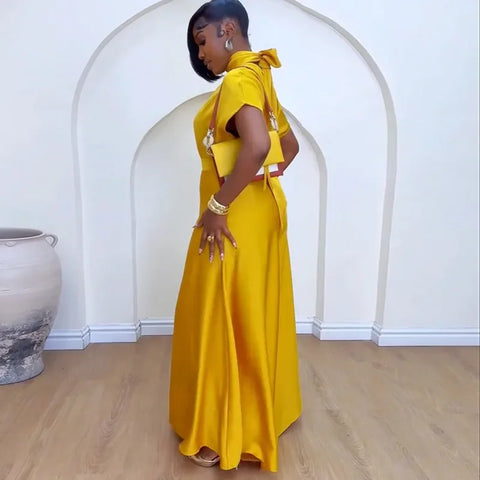 Pontiac Yellow Satin Elegant Temperament Loose High Neck Two Piece Set