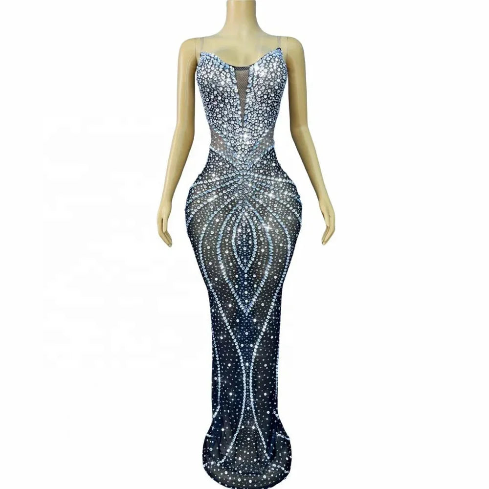 Allamuchy  Elegant Floor Length Bodycon Off-The-Shoulder Crystal Illusion Dress
