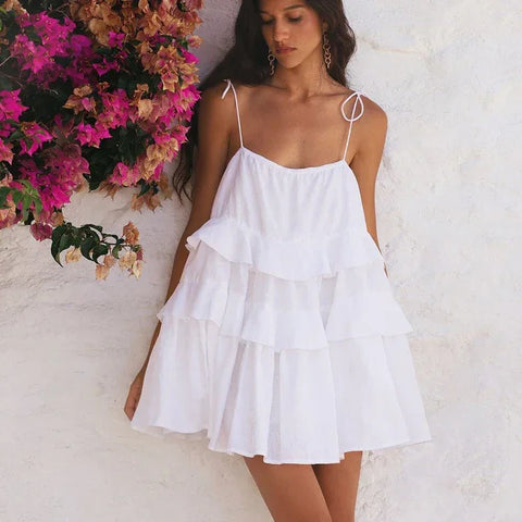 Union Solid Color Cotton Spaghetti Strap Slip Layered Ruffle Dress
