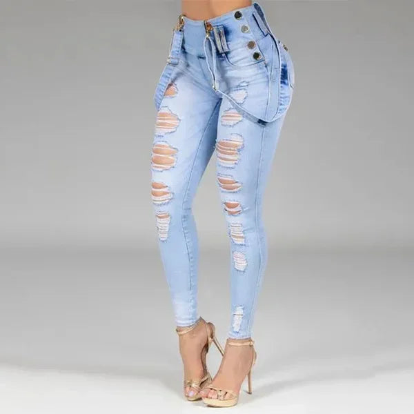 Lacey High Waisted Straight Skinny Stretchy Streetwear Ladies Hole Washed Bandage Denim
