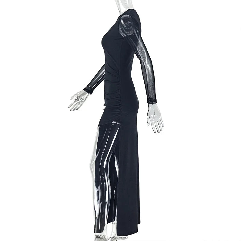 East New York Hollow Out Round Neck Long Sleeve Side Split Casual Maxi Dress