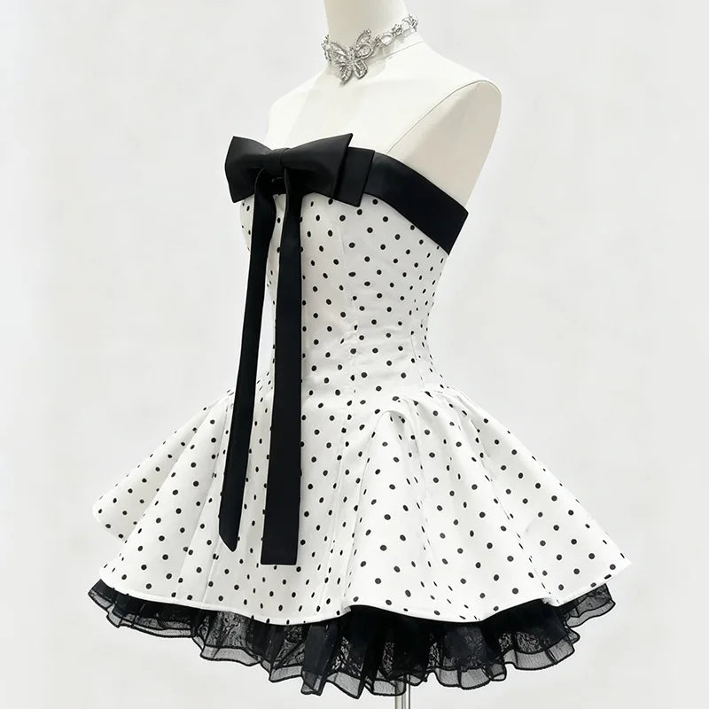 Monsey Sweet Style Sleeveless Tube Layered A-line Bow Ruffles Mini Dress