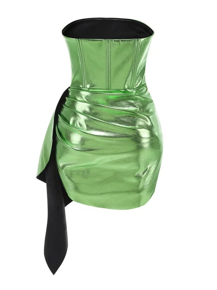 Massapequa Off Shoulder Strapless Pleated Ribbon Banquet PU Leather Bodycon Dress