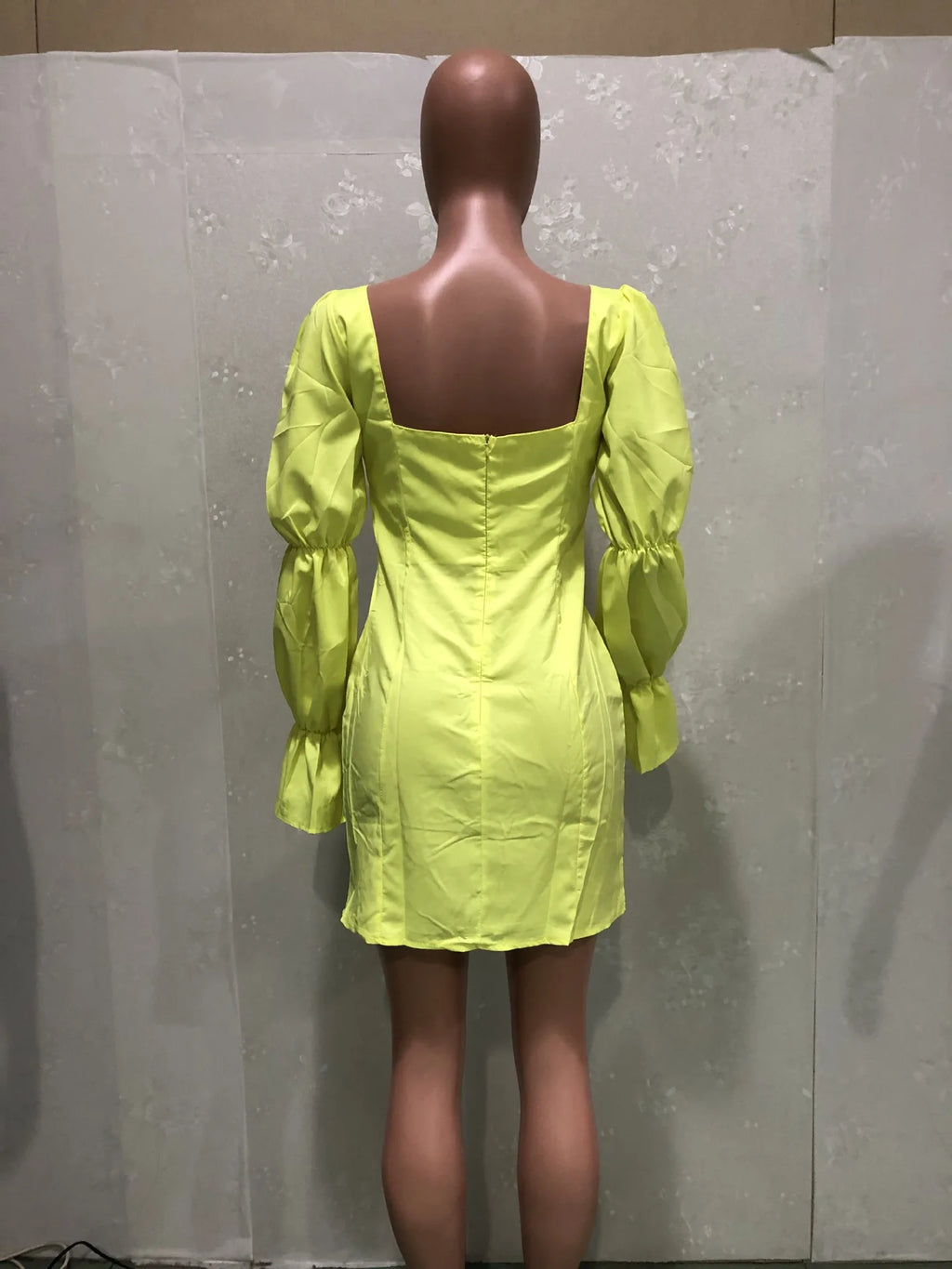 Bayonne Solid Full Puff Sleeve Square Collar Bandage Stretchy Bodycon Dresses