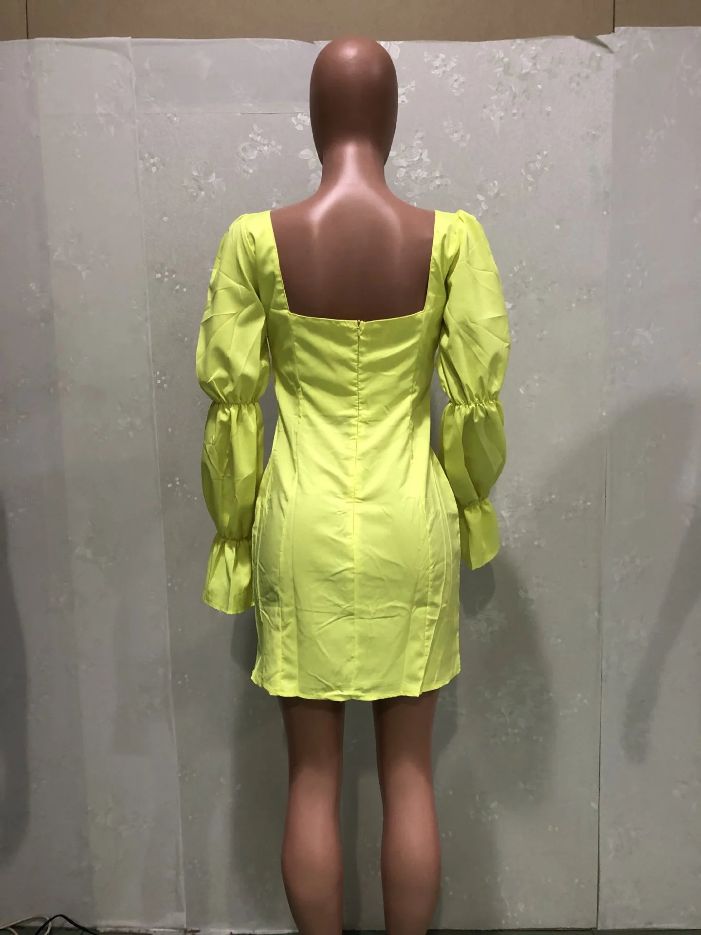 Bayonne Solid Full Puff Sleeve Square Collar Bandage Stretchy Bodycon Dresses