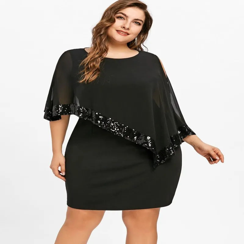 Carolina Plus Size Sexy Cold Shoulder Overlay Asymmetric Chiffon Strapless Sequins Dress