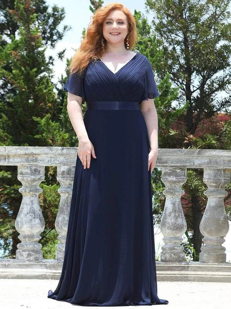 Detroit Plus Size Evening Long Elegant A Line V Neck Ruffles Chiffon Formal Dress