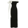 Rockaway Minimalism Color blocking Ribbon Bow Off Shoulder Fitted Floor Length Dress
